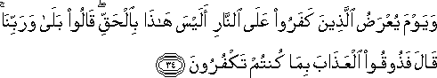 وَيَوْمَ يُعْرَضُ الَّذِينَ كَفَرُوا عَلَى النَّارِ أَلَيْسَ هَٰذَا بِالْحَقِّ ۖ قَالُوا بَلَىٰ وَرَبِّنَا ۚ قَالَ فَذُوقُوا الْعَذَابَ بِمَا كُنْتُمْ تَكْفُرُونَ