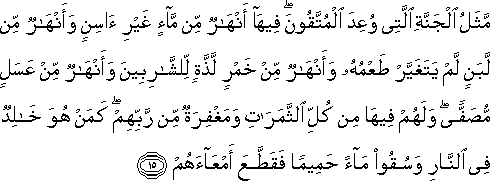 مَثَلُ الْجَنَّةِ الَّتِي وُعِدَ الْمُتَّقُونَ ۖ فِيهَا أَنْهَارٌ مِنْ مَاءٍ غَيْرِ آسِنٍ وَأَنْهَارٌ مِنْ لَبَنٍ لَمْ يَتَغَيَّرْ طَعْمُهُ وَأَنْهَارٌ مِنْ خَمْرٍ لَذَّةٍ لِلشَّارِبِينَ وَأَنْهَارٌ مِنْ عَسَلٍ مُصَفًّى ۖ وَلَهُمْ فِيهَا مِنْ كُلِّ الثَّمَرَاتِ وَمَغْفِرَةٌ مِنْ رَبِّهِمْ ۖ كَمَنْ هُوَ خَالِدٌ فِي النَّارِ وَسُقُوا مَاءً حَمِيمًا فَقَطَّعَ أَمْعَاءَهُمْ مَثَلُ الْجَنَّةِ الَّتِي وُعِدَ الْمُتَّقُونَ ۖ فِيهَا أَنْهَارٌ مِنْ مَاءٍ غَيْرِ آسِنٍ وَأَنْهَارٌ مِنْ لَبَنٍ لَمْ يَتَغَيَّرْ طَعْمُهُ وَأَنْهَارٌ مِنْ خَمْرٍ لَذَّةٍ لِلشَّارِبِينَ وَأَنْهَارٌ مِنْ عَسَلٍ مُصَفًّى ۖ وَلَهُمْ فِيهَا مِنْ كُلِّ الثَّمَرَاتِ وَمَغْفِرَةٌ مِنْ رَبِّهِمْ ۖ كَمَنْ هُوَ خَالِدٌ فِي النَّارِ وَسُقُوا مَاءً حَمِيمًا فَقَطَّعَ أَمْعَاءَهُمْ