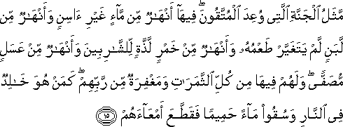 مَثَلُ الْجَنَّةِ الَّتِي وُعِدَ الْمُتَّقُونَ ۖ فِيهَا أَنْهَارٌ مِنْ مَاءٍ غَيْرِ آسِنٍ وَأَنْهَارٌ مِنْ لَبَنٍ لَمْ يَتَغَيَّرْ طَعْمُهُ وَأَنْهَارٌ مِنْ خَمْرٍ لَذَّةٍ لِلشَّارِبِينَ وَأَنْهَارٌ مِنْ عَسَلٍ مُصَفًّى ۖ وَلَهُمْ فِيهَا مِنْ كُلِّ الثَّمَرَاتِ وَمَغْفِرَةٌ مِنْ رَبِّهِمْ ۖ كَمَنْ هُوَ خَالِدٌ فِي النَّارِ وَسُقُوا مَاءً حَمِيمًا فَقَطَّعَ أَمْعَاءَهُمْ