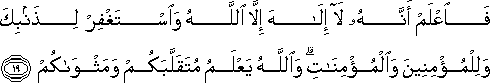 فَاعْلَمْ أَنَّهُ لَا إِلَٰهَ إِلَّا اللَّهُ وَاسْتَغْفِرْ لِذَنْبِكَ وَلِلْمُؤْمِنِينَ وَالْمُؤْمِنَاتِ ۗ وَاللَّهُ يَعْلَمُ مُتَقَلَّبَكُمْ وَمَثْوَاكُمْ