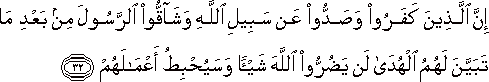 إِنَّ الَّذِينَ كَفَرُوا وَصَدُّوا عَنْ سَبِيلِ اللَّهِ وَشَاقُّوا الرَّسُولَ مِنْ بَعْدِ مَا تَبَيَّنَ لَهُمُ الْهُدَىٰ لَنْ يَضُرُّوا اللَّهَ شَيْئًا وَسَيُحْبِطُ أَعْمَالَهُمْ