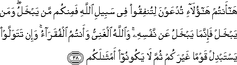 هَا أَنْتُمْ هَٰؤُلَاءِ تُدْعَوْنَ لِتُنْفِقُوا فِي سَبِيلِ اللَّهِ فَمِنْكُمْ مَنْ يَبْخَلُ ۖ وَمَنْ يَبْخَلْ فَإِنَّمَا يَبْخَلُ عَنْ نَفْسِهِ ۚ وَاللَّهُ الْغَنِيُّ وَأَنْتُمُ الْفُقَرَاءُ ۚ وَإِنْ تَتَوَلَّوْا يَسْتَبْدِلْ قَوْمًا غَيْرَكُمْ ثُمَّ لَا يَكُونُوا أَمْثَالَكُمْ