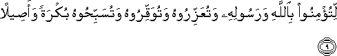 لِتُؤْمِنُوا بِاللَّهِ وَرَسُولِهِ وَتُعَزِّرُوهُ وَتُوَقِّرُوهُ وَتُسَبِّحُوهُ بُكْرَةً وَأَصِيلًا