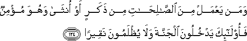 وَمَنْ يَعْمَلْ مِنَ الصَّالِحَاتِ مِنْ ذَكَرٍ أَوْ أُنْثَىٰ وَهُوَ مُؤْمِنٌ فَأُولَٰئِكَ يَدْخُلُونَ الْجَنَّةَ وَلَا يُظْلَمُونَ نَقِيرًا