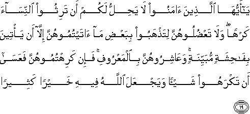 يَا أَيُّهَا الَّذِينَ آمَنُوا لَا يَحِلُّ لَكُمْ أَنْ تَرِثُوا النِّسَاءَ كَرْهًا ۖ وَلَا تَعْضُلُوهُنَّ لِتَذْهَبُوا بِبَعْضِ مَا آتَيْتُمُوهُنَّ إِلَّا أَنْ يَأْتِينَ بِفَاحِشَةٍ مُبَيِّنَةٍ ۚ وَعَاشِرُوهُنَّ بِالْمَعْرُوفِ ۚ فَإِنْ كَرِهْتُمُوهُنَّ فَعَسَىٰ أَنْ تَكْرَهُوا شَيْئًا وَيَجْعَلَ اللَّهُ فِيهِ خَيْرًا كَثِيرًا يَا أَيُّهَا الَّذِينَ آمَنُوا لَا يَحِلُّ لَكُمْ أَنْ تَرِثُوا النِّسَاءَ كَرْهًا ۖ وَلَا تَعْضُلُوهُنَّ لِتَذْهَبُوا بِبَعْضِ مَا آتَيْتُمُوهُنَّ إِلَّا أَنْ يَأْتِينَ بِفَاحِشَةٍ مُبَيِّنَةٍ ۚ وَعَاشِرُوهُنَّ بِالْمَعْرُوفِ ۚ فَإِنْ كَرِهْتُمُوهُنَّ فَعَسَىٰ أَنْ تَكْرَهُوا شَيْئًا وَيَجْعَلَ اللَّهُ فِيهِ خَيْرًا كَثِيرًا
