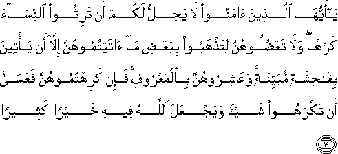 يَا أَيُّهَا الَّذِينَ آمَنُوا لَا يَحِلُّ لَكُمْ أَنْ تَرِثُوا النِّسَاءَ كَرْهًا ۖ وَلَا تَعْضُلُوهُنَّ لِتَذْهَبُوا بِبَعْضِ مَا آتَيْتُمُوهُنَّ إِلَّا أَنْ يَأْتِينَ بِفَاحِشَةٍ مُبَيِّنَةٍ ۚ وَعَاشِرُوهُنَّ بِالْمَعْرُوفِ ۚ فَإِنْ كَرِهْتُمُوهُنَّ فَعَسَىٰ أَنْ تَكْرَهُوا شَيْئًا وَيَجْعَلَ اللَّهُ فِيهِ خَيْرًا كَثِيرًا