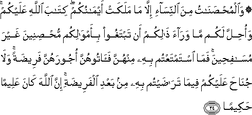 وَالْمُحْصَنَاتُ مِنَ النِّسَاءِ إِلَّا مَا مَلَكَتْ أَيْمَانُكُمْ ۖ كِتَابَ اللَّهِ عَلَيْكُمْ ۚ وَأُحِلَّ لَكُمْ مَا وَرَاءَ ذَٰلِكُمْ أَنْ تَبْتَغُوا بِأَمْوَالِكُمْ مُحْصِنِينَ غَيْرَ مُسَافِحِينَ ۚ فَمَا اسْتَمْتَعْتُمْ بِهِ مِنْهُنَّ فَآتُوهُنَّ أُجُورَهُنَّ فَرِيضَةً ۚ وَلَا جُنَاحَ عَلَيْكُمْ فِيمَا تَرَاضَيْتُمْ بِهِ مِنْ بَعْدِ الْفَرِيضَةِ ۚ إِنَّ اللَّهَ كَانَ عَلِيمًا حَكِيمًا وَالْمُحْصَنَاتُ مِنَ النِّسَاءِ إِلَّا مَا مَلَكَتْ أَيْمَانُكُمْ ۖ كِتَابَ اللَّهِ عَلَيْكُمْ ۚ وَأُحِلَّ لَكُمْ مَا وَرَاءَ ذَٰلِكُمْ أَنْ تَبْتَغُوا بِأَمْوَالِكُمْ مُحْصِنِينَ غَيْرَ مُسَافِحِينَ ۚ فَمَا اسْتَمْتَعْتُمْ بِهِ مِنْهُنَّ فَآتُوهُنَّ أُجُورَهُنَّ فَرِيضَةً ۚ وَلَا جُنَاحَ عَلَيْكُمْ فِيمَا تَرَاضَيْتُمْ بِهِ مِنْ بَعْدِ الْفَرِيضَةِ ۚ إِنَّ اللَّهَ كَانَ عَلِيمًا حَكِيمًا