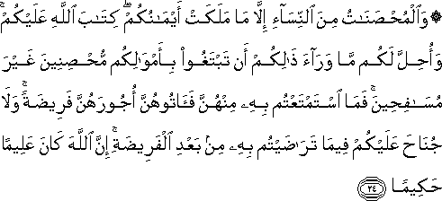 وَالْمُحْصَنَاتُ مِنَ النِّسَاءِ إِلَّا مَا مَلَكَتْ أَيْمَانُكُمْ ۖ كِتَابَ اللَّهِ عَلَيْكُمْ ۚ وَأُحِلَّ لَكُمْ مَا وَرَاءَ ذَٰلِكُمْ أَنْ تَبْتَغُوا بِأَمْوَالِكُمْ مُحْصِنِينَ غَيْرَ مُسَافِحِينَ ۚ فَمَا اسْتَمْتَعْتُمْ بِهِ مِنْهُنَّ فَآتُوهُنَّ أُجُورَهُنَّ فَرِيضَةً ۚ وَلَا جُنَاحَ عَلَيْكُمْ فِيمَا تَرَاضَيْتُمْ بِهِ مِنْ بَعْدِ الْفَرِيضَةِ ۚ إِنَّ اللَّهَ كَانَ عَلِيمًا حَكِيمًا