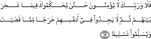 فَلَا وَرَبِّكَ لَا يُؤْمِنُونَ حَتَّىٰ يُحَكِّمُوكَ فِيمَا شَجَرَ بَيْنَهُمْ ثُمَّ لَا يَجِدُوا فِي أَنْفُسِهِمْ حَرَجًا مِمَّا قَضَيْتَ وَيُسَلِّمُوا تَسْلِيمًا