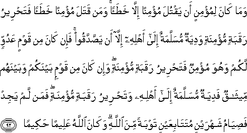 وَمَا كَانَ لِمُؤْمِنٍ أَنْ يَقْتُلَ مُؤْمِنًا إِلَّا خَطَأً ۚ وَمَنْ قَتَلَ مُؤْمِنًا خَطَأً فَتَحْرِيرُ رَقَبَةٍ مُؤْمِنَةٍ وَدِيَةٌ مُسَلَّمَةٌ إِلَىٰ أَهْلِهِ إِلَّا أَنْ يَصَّدَّقُوا ۚ فَإِنْ كَانَ مِنْ قَوْمٍ عَدُوٍّ لَكُمْ وَهُوَ مُؤْمِنٌ فَتَحْرِيرُ رَقَبَةٍ مُؤْمِنَةٍ ۖ وَإِنْ كَانَ مِنْ قَوْمٍ بَيْنَكُمْ وَبَيْنَهُمْ مِيثَاقٌ فَدِيَةٌ مُسَلَّمَةٌ إِلَىٰ أَهْلِهِ وَتَحْرِيرُ رَقَبَةٍ مُؤْمِنَةٍ ۖ فَمَنْ لَمْ يَجِدْ فَصِيَامُ شَهْرَيْنِ مُتَتَابِعَيْنِ تَوْبَةً مِنَ اللَّهِ ۗ وَكَانَ اللَّهُ عَلِيمًا حَكِيمًا