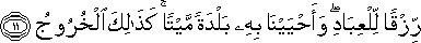 رِزْقًا لِلْعِبَادِ ۖ وَأَحْيَيْنَا بِهِ بَلْدَةً مَيْتًا ۚ كَذَٰلِكَ الْخُرُوجُ