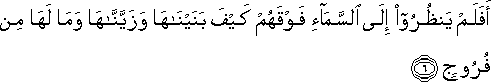 أَفَلَمْ يَنْظُرُوا إِلَى السَّمَاءِ فَوْقَهُمْ كَيْفَ بَنَيْنَاهَا وَزَيَّنَّاهَا وَمَا لَهَا مِنْ فُرُوجٍ