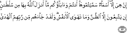 إِنْ هِيَ إِلَّا أَسْمَاءٌ سَمَّيْتُمُوهَا أَنْتُمْ وَآبَاؤُكُمْ مَا أَنْزَلَ اللَّهُ بِهَا مِنْ سُلْطَانٍ ۚ إِنْ يَتَّبِعُونَ إِلَّا الظَّنَّ وَمَا تَهْوَى الْأَنْفُسُ ۖ وَلَقَدْ جَاءَهُمْ مِنْ رَبِّهِمُ الْهُدَىٰ