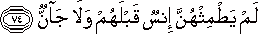 لَمْ يَطْمِثْهُنَّ إِنْسٌ قَبْلَهُمْ وَلَا جَانٌّ لَمْ يَطْمِثْهُنَّ إِنْسٌ قَبْلَهُمْ وَلَا جَانٌّ