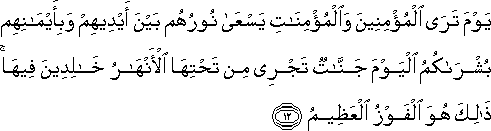 يَوْمَ تَرَى الْمُؤْمِنِينَ وَالْمُؤْمِنَاتِ يَسْعَىٰ نُورُهُمْ بَيْنَ أَيْدِيهِمْ وَبِأَيْمَانِهِمْ بُشْرَاكُمُ الْيَوْمَ جَنَّاتٌ تَجْرِي مِنْ تَحْتِهَا الْأَنْهَارُ خَالِدِينَ فِيهَا ۚ ذَٰلِكَ هُوَ الْفَوْزُ الْعَظِيمُ