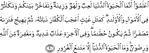 اعْلَمُوا أَنَّمَا الْحَيَاةُ الدُّنْيَا لَعِبٌ وَلَهْوٌ وَزِينَةٌ وَتَفَاخُرٌ بَيْنَكُمْ وَتَكَاثُرٌ فِي الْأَمْوَالِ وَالْأَوْلَادِ ۖ كَمَثَلِ غَيْثٍ أَعْجَبَ الْكُفَّارَ نَبَاتُهُ ثُمَّ يَهِيجُ فَتَرَاهُ مُصْفَرًّا ثُمَّ يَكُونُ حُطَامًا ۖ وَفِي الْآخِرَةِ عَذَابٌ شَدِيدٌ وَمَغْفِرَةٌ مِنَ اللَّهِ وَرِضْوَانٌ ۚ وَمَا الْحَيَاةُ الدُّنْيَا إِلَّا مَتَاعُ الْغُرُورِ