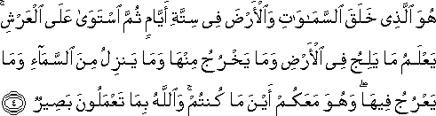 هُوَ الَّذِي خَلَقَ السَّمَاوَاتِ وَالْأَرْضَ فِي سِتَّةِ أَيَّامٍ ثُمَّ اسْتَوَىٰ عَلَى الْعَرْشِ ۚ يَعْلَمُ مَا يَلِجُ فِي الْأَرْضِ وَمَا يَخْرُجُ مِنْهَا وَمَا يَنْزِلُ مِنَ السَّمَاءِ وَمَا يَعْرُجُ فِيهَا ۖ وَهُوَ مَعَكُمْ أَيْنَ مَا كُنْتُمْ ۚ وَاللَّهُ بِمَا تَعْمَلُونَ بَصِيرٌ