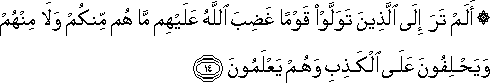 أَلَمْ تَرَ إِلَى الَّذِينَ تَوَلَّوْا قَوْمًا غَضِبَ اللَّهُ عَلَيْهِمْ مَا هُمْ مِنْكُمْ وَلَا مِنْهُمْ وَيَحْلِفُونَ عَلَى الْكَذِبِ وَهُمْ يَعْلَمُونَ