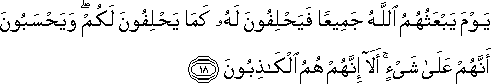 يَوْمَ يَبْعَثُهُمُ اللَّهُ جَمِيعًا فَيَحْلِفُونَ لَهُ كَمَا يَحْلِفُونَ لَكُمْ ۖ وَيَحْسَبُونَ أَنَّهُمْ عَلَىٰ شَيْءٍ ۚ أَلَا إِنَّهُمْ هُمُ الْكَاذِبُونَ