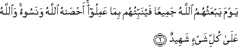 يَوْمَ يَبْعَثُهُمُ اللَّهُ جَمِيعًا فَيُنَبِّئُهُمْ بِمَا عَمِلُوا ۚ أَحْصَاهُ اللَّهُ وَنَسُوهُ ۚ وَاللَّهُ عَلَىٰ كُلِّ شَيْءٍ شَهِيدٌ