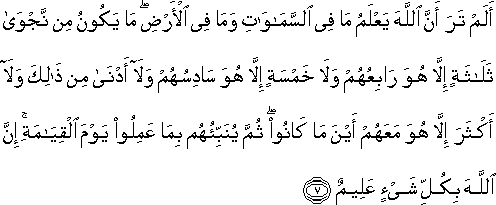 أَلَمْ تَرَ أَنَّ اللَّهَ يَعْلَمُ مَا فِي السَّمَاوَاتِ وَمَا فِي الْأَرْضِ ۖ مَا يَكُونُ مِنْ نَجْوَىٰ ثَلَاثَةٍ إِلَّا هُوَ رَابِعُهُمْ وَلَا خَمْسَةٍ إِلَّا هُوَ سَادِسُهُمْ وَلَا أَدْنَىٰ مِنْ ذَٰلِكَ وَلَا أَكْثَرَ إِلَّا هُوَ مَعَهُمْ أَيْنَ مَا كَانُوا ۖ ثُمَّ يُنَبِّئُهُمْ بِمَا عَمِلُوا يَوْمَ الْقِيَامَةِ ۚ إِنَّ اللَّهَ بِكُلِّ شَيْءٍ عَلِيمٌ