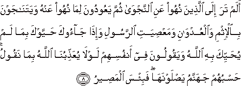 أَلَمْ تَرَ إِلَى الَّذِينَ نُهُوا عَنِ النَّجْوَىٰ ثُمَّ يَعُودُونَ لِمَا نُهُوا عَنْهُ وَيَتَنَاجَوْنَ بِالْإِثْمِ وَالْعُدْوَانِ وَمَعْصِيَتِ الرَّسُولِ وَإِذَا جَاءُوكَ حَيَّوْكَ بِمَا لَمْ يُحَيِّكَ بِهِ اللَّهُ وَيَقُولُونَ فِي أَنْفُسِهِمْ لَوْلَا يُعَذِّبُنَا اللَّهُ بِمَا نَقُولُ ۚ حَسْبُهُمْ جَهَنَّمُ يَصْلَوْنَهَا ۖ فَبِئْسَ الْمَصِيرُ أَلَمْ تَرَ إِلَى الَّذِينَ نُهُوا عَنِ النَّجْوَىٰ ثُمَّ يَعُودُونَ لِمَا نُهُوا عَنْهُ وَيَتَنَاجَوْنَ بِالْإِثْمِ وَالْعُدْوَانِ وَمَعْصِيَتِ الرَّسُولِ وَإِذَا جَاءُوكَ حَيَّوْكَ بِمَا لَمْ يُحَيِّكَ بِهِ اللَّهُ وَيَقُولُونَ فِي أَنْفُسِهِمْ لَوْلَا يُعَذِّبُنَا اللَّهُ بِمَا نَقُولُ ۚ حَسْبُهُمْ جَهَنَّمُ يَصْلَوْنَهَا ۖ فَبِئْسَ الْمَصِيرُ