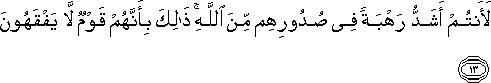 لَأَنْتُمْ أَشَدُّ رَهْبَةً فِي صُدُورِهِمْ مِنَ اللَّهِ ۚ ذَٰلِكَ بِأَنَّهُمْ قَوْمٌ لَا يَفْقَهُونَ