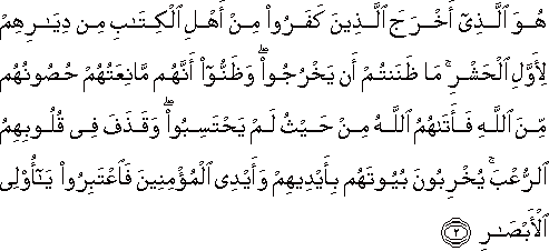 هُوَ الَّذِي أَخْرَجَ الَّذِينَ كَفَرُوا مِنْ أَهْلِ الْكِتَابِ مِنْ دِيَارِهِمْ لِأَوَّلِ الْحَشْرِ ۚ مَا ظَنَنْتُمْ أَنْ يَخْرُجُوا ۖ وَظَنُّوا أَنَّهُمْ مَانِعَتُهُمْ حُصُونُهُمْ مِنَ اللَّهِ فَأَتَاهُمُ اللَّهُ مِنْ حَيْثُ لَمْ يَحْتَسِبُوا ۖ وَقَذَفَ فِي قُلُوبِهِمُ الرُّعْبَ ۚ يُخْرِبُونَ بُيُوتَهُمْ بِأَيْدِيهِمْ وَأَيْدِي الْمُؤْمِنِينَ فَاعْتَبِرُوا يَا أُولِي الْأَبْصَارِ هُوَ الَّذِي أَخْرَجَ الَّذِينَ كَفَرُوا مِنْ أَهْلِ الْكِتَابِ مِنْ دِيَارِهِمْ لِأَوَّلِ الْحَشْرِ ۚ مَا ظَنَنْتُمْ أَنْ يَخْرُجُوا ۖ وَظَنُّوا أَنَّهُمْ مَانِعَتُهُمْ حُصُونُهُمْ مِنَ اللَّهِ فَأَتَاهُمُ اللَّهُ مِنْ حَيْثُ لَمْ يَحْتَسِبُوا ۖ وَقَذَفَ فِي قُلُوبِهِمُ الرُّعْبَ ۚ يُخْرِبُونَ بُيُوتَهُمْ بِأَيْدِيهِمْ وَأَيْدِي الْمُؤْمِنِينَ فَاعْتَبِرُوا يَا أُولِي الْأَبْصَارِ