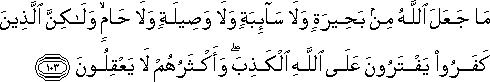 مَا جَعَلَ اللَّهُ مِنْ بَحِيرَةٍ وَلَا سَائِبَةٍ وَلَا وَصِيلَةٍ وَلَا حَامٍ ۙ وَلَٰكِنَّ الَّذِينَ كَفَرُوا يَفْتَرُونَ عَلَى اللَّهِ الْكَذِبَ ۖ وَأَكْثَرُهُمْ لَا يَعْقِلُونَ