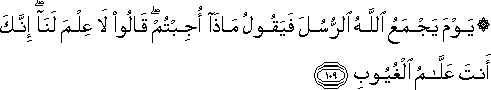 يَوْمَ يَجْمَعُ اللَّهُ الرُّسُلَ فَيَقُولُ مَاذَا أُجِبْتُمْ ۖ قَالُوا لَا عِلْمَ لَنَا ۖ إِنَّكَ أَنْتَ عَلَّامُ الْغُيُوبِ