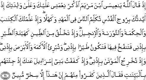 إِذْ قَالَ اللَّهُ يَا عِيسَى ابْنَ مَرْيَمَ اذْكُرْ نِعْمَتِي عَلَيْكَ وَعَلَىٰ وَالِدَتِكَ إِذْ أَيَّدْتُكَ بِرُوحِ الْقُدُسِ تُكَلِّمُ النَّاسَ فِي الْمَهْدِ وَكَهْلًا ۖ وَإِذْ عَلَّمْتُكَ الْكِتَابَ وَالْحِكْمَةَ وَالتَّوْرَاةَ وَالْإِنْجِيلَ ۖ وَإِذْ تَخْلُقُ مِنَ الطِّينِ كَهَيْئَةِ الطَّيْرِ بِإِذْنِي فَتَنْفُخُ فِيهَا فَتَكُونُ طَيْرًا بِإِذْنِي ۖ وَتُبْرِئُ الْأَكْمَهَ وَالْأَبْرَصَ بِإِذْنِي ۖ وَإِذْ تُخْرِجُ الْمَوْتَىٰ بِإِذْنِي ۖ وَإِذْ كَفَفْتُ بَنِي إِسْرَائِيلَ عَنْكَ إِذْ جِئْتَهُمْ بِالْبَيِّنَاتِ فَقَالَ الَّذِينَ كَفَرُوا مِنْهُمْ إِنْ هَٰذَا إِلَّا سِحْرٌ مُبِينٌ