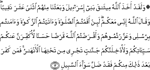 وَلَقَدْ أَخَذَ اللَّهُ مِيثَاقَ بَنِي إِسْرَائِيلَ وَبَعَثْنَا مِنْهُمُ اثْنَيْ عَشَرَ نَقِيبًا ۖ وَقَالَ اللَّهُ إِنِّي مَعَكُمْ ۖ لَئِنْ أَقَمْتُمُ الصَّلَاةَ وَآتَيْتُمُ الزَّكَاةَ وَآمَنْتُمْ بِرُسُلِي وَعَزَّرْتُمُوهُمْ وَأَقْرَضْتُمُ اللَّهَ قَرْضًا حَسَنًا لَأُكَفِّرَنَّ عَنْكُمْ سَيِّئَاتِكُمْ وَلَأُدْخِلَنَّكُمْ جَنَّاتٍ تَجْرِي مِنْ تَحْتِهَا الْأَنْهَارُ ۚ فَمَنْ كَفَرَ بَعْدَ ذَٰلِكَ مِنْكُمْ فَقَدْ ضَلَّ سَوَاءَ السَّبِيلِ