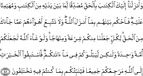 وَأَنْزَلْنَا إِلَيْكَ الْكِتَابَ بِالْحَقِّ مُصَدِّقًا لِمَا بَيْنَ يَدَيْهِ مِنَ الْكِتَابِ وَمُهَيْمِنًا عَلَيْهِ ۖ فَاحْكُمْ بَيْنَهُمْ بِمَا أَنْزَلَ اللَّهُ ۖ وَلَا تَتَّبِعْ أَهْوَاءَهُمْ عَمَّا جَاءَكَ مِنَ الْحَقِّ ۚ لِكُلٍّ جَعَلْنَا مِنْكُمْ شِرْعَةً وَمِنْهَاجًا ۚ وَلَوْ شَاءَ اللَّهُ لَجَعَلَكُمْ أُمَّةً وَاحِدَةً وَلَٰكِنْ لِيَبْلُوَكُمْ فِي مَا آتَاكُمْ ۖ فَاسْتَبِقُوا الْخَيْرَاتِ ۚ إِلَى اللَّهِ مَرْجِعُكُمْ جَمِيعًا فَيُنَبِّئُكُمْ بِمَا كُنْتُمْ فِيهِ تَخْتَلِفُونَ