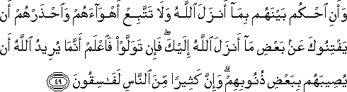 وَأَنِ احْكُمْ بَيْنَهُمْ بِمَا أَنْزَلَ اللَّهُ وَلَا تَتَّبِعْ أَهْوَاءَهُمْ وَاحْذَرْهُمْ أَنْ يَفْتِنُوكَ عَنْ بَعْضِ مَا أَنْزَلَ اللَّهُ إِلَيْكَ ۖ فَإِنْ تَوَلَّوْا فَاعْلَمْ أَنَّمَا يُرِيدُ اللَّهُ أَنْ يُصِيبَهُمْ بِبَعْضِ ذُنُوبِهِمْ ۗ وَإِنَّ كَثِيرًا مِنَ النَّاسِ لَفَاسِقُونَ