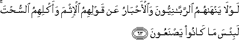 لَوْلَا يَنْهَاهُمُ الرَّبَّانِيُّونَ وَالْأَحْبَارُ عَنْ قَوْلِهِمُ الْإِثْمَ وَأَكْلِهِمُ السُّحْتَ ۚ لَبِئْسَ مَا كَانُوا يَصْنَعُونَ