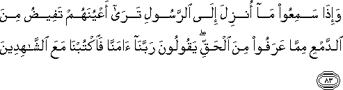 وَإِذَا سَمِعُوا مَا أُنْزِلَ إِلَى الرَّسُولِ تَرَىٰ أَعْيُنَهُمْ تَفِيضُ مِنَ الدَّمْعِ مِمَّا عَرَفُوا مِنَ الْحَقِّ ۖ يَقُولُونَ رَبَّنَا آمَنَّا فَاكْتُبْنَا مَعَ الشَّاهِدِينَ