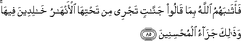 فَأَثَابَهُمُ اللَّهُ بِمَا قَالُوا جَنَّاتٍ تَجْرِي مِنْ تَحْتِهَا الْأَنْهَارُ خَالِدِينَ فِيهَا ۚ وَذَٰلِكَ جَزَاءُ الْمُحْسِنِينَ