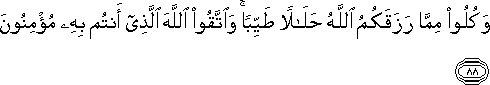 وَكُلُوا مِمَّا رَزَقَكُمُ اللَّهُ حَلَالًا طَيِّبًا ۚ وَاتَّقُوا اللَّهَ الَّذِي أَنْتُمْ بِهِ مُؤْمِنُونَ