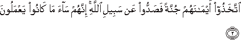 اتَّخَذُوا أَيْمَانَهُمْ جُنَّةً فَصَدُّوا عَنْ سَبِيلِ اللَّهِ ۚ إِنَّهُمْ سَاءَ مَا كَانُوا يَعْمَلُونَ اتَّخَذُوا أَيْمَانَهُمْ جُنَّةً فَصَدُّوا عَنْ سَبِيلِ اللَّهِ ۚ إِنَّهُمْ سَاءَ مَا كَانُوا يَعْمَلُونَ