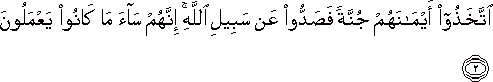 اتَّخَذُوا أَيْمَانَهُمْ جُنَّةً فَصَدُّوا عَنْ سَبِيلِ اللَّهِ ۚ إِنَّهُمْ سَاءَ مَا كَانُوا يَعْمَلُونَ