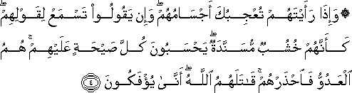 وَإِذَا رَأَيْتَهُمْ تُعْجِبُكَ أَجْسَامُهُمْ ۖ وَإِنْ يَقُولُوا تَسْمَعْ لِقَوْلِهِمْ ۖ كَأَنَّهُمْ خُشُبٌ مُسَنَّدَةٌ ۖ يَحْسَبُونَ كُلَّ صَيْحَةٍ عَلَيْهِمْ ۚ هُمُ الْعَدُوُّ فَاحْذَرْهُمْ ۚ قَاتَلَهُمُ اللَّهُ ۖ أَنَّىٰ يُؤْفَكُونَ