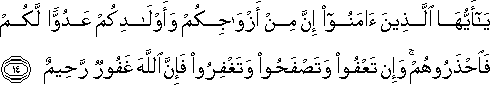 يَا أَيُّهَا الَّذِينَ آمَنُوا إِنَّ مِنْ أَزْوَاجِكُمْ وَأَوْلَادِكُمْ عَدُوًّا لَكُمْ فَاحْذَرُوهُمْ ۚ وَإِنْ تَعْفُوا وَتَصْفَحُوا وَتَغْفِرُوا فَإِنَّ اللَّهَ غَفُورٌ رَحِيمٌ