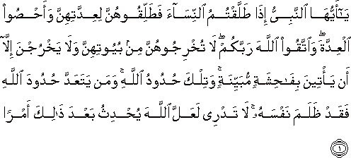 يَا أَيُّهَا النَّبِيُّ إِذَا طَلَّقْتُمُ النِّسَاءَ فَطَلِّقُوهُنَّ لِعِدَّتِهِنَّ وَأَحْصُوا الْعِدَّةَ ۖ وَاتَّقُوا اللَّهَ رَبَّكُمْ ۖ لَا تُخْرِجُوهُنَّ مِنْ بُيُوتِهِنَّ وَلَا يَخْرُجْنَ إِلَّا أَنْ يَأْتِينَ بِفَاحِشَةٍ مُبَيِّنَةٍ ۚ وَتِلْكَ حُدُودُ اللَّهِ ۚ وَمَنْ يَتَعَدَّ حُدُودَ اللَّهِ فَقَدْ ظَلَمَ نَفْسَهُ ۚ لَا تَدْرِي لَعَلَّ اللَّهَ يُحْدِثُ بَعْدَ ذَٰلِكَ أَمْرًا