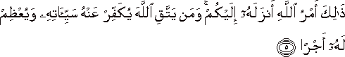 ذَٰلِكَ أَمْرُ اللَّهِ أَنْزَلَهُ إِلَيْكُمْ ۚ وَمَنْ يَتَّقِ اللَّهَ يُكَفِّرْ عَنْهُ سَيِّئَاتِهِ وَيُعْظِمْ لَهُ أَجْرًا