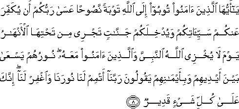 يَا أَيُّهَا الَّذِينَ آمَنُوا تُوبُوا إِلَى اللَّهِ تَوْبَةً نَصُوحًا عَسَىٰ رَبُّكُمْ أَنْ يُكَفِّرَ عَنْكُمْ سَيِّئَاتِكُمْ وَيُدْخِلَكُمْ جَنَّاتٍ تَجْرِي مِنْ تَحْتِهَا الْأَنْهَارُ يَوْمَ لَا يُخْزِي اللَّهُ النَّبِيَّ وَالَّذِينَ آمَنُوا مَعَهُ ۖ نُورُهُمْ يَسْعَىٰ بَيْنَ أَيْدِيهِمْ وَبِأَيْمَانِهِمْ يَقُولُونَ رَبَّنَا أَتْمِمْ لَنَا نُورَنَا وَاغْفِرْ لَنَا ۖ إِنَّكَ عَلَىٰ كُلِّ شَيْءٍ قَدِيرٌ