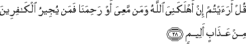 قُلْ أَرَأَيْتُمْ إِنْ أَهْلَكَنِيَ اللَّهُ وَمَنْ مَعِيَ أَوْ رَحِمَنَا فَمَنْ يُجِيرُ الْكَافِرِينَ مِنْ عَذَابٍ أَلِيمٍ