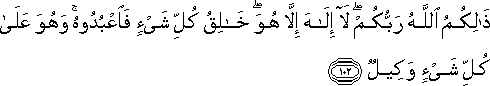 ذَٰلِكُمُ اللَّهُ رَبُّكُمْ ۖ لَا إِلَٰهَ إِلَّا هُوَ ۖ خَالِقُ كُلِّ شَيْءٍ فَاعْبُدُوهُ ۚ وَهُوَ عَلَىٰ كُلِّ شَيْءٍ وَكِيلٌ