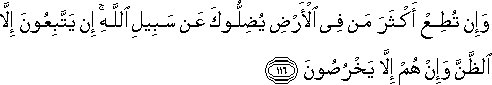 وَإِنْ تُطِعْ أَكْثَرَ مَنْ فِي الْأَرْضِ يُضِلُّوكَ عَنْ سَبِيلِ اللَّهِ ۚ إِنْ يَتَّبِعُونَ إِلَّا الظَّنَّ وَإِنْ هُمْ إِلَّا يَخْرُصُونَ