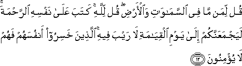 قُلْ لِمَنْ مَا فِي السَّمَاوَاتِ وَالْأَرْضِ ۖ قُلْ لِلَّهِ ۚ كَتَبَ عَلَىٰ نَفْسِهِ الرَّحْمَةَ ۚ لَيَجْمَعَنَّكُمْ إِلَىٰ يَوْمِ الْقِيَامَةِ لَا رَيْبَ فِيهِ ۚ الَّذِينَ خَسِرُوا أَنْفُسَهُمْ فَهُمْ لَا يُؤْمِنُونَ