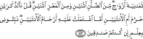 ثَمَانِيَةَ أَزْوَاجٍ ۖ مِنَ الضَّأْنِ اثْنَيْنِ وَمِنَ الْمَعْزِ اثْنَيْنِ ۗ قُلْ آلذَّكَرَيْنِ حَرَّمَ أَمِ الْأُنْثَيَيْنِ أَمَّا اشْتَمَلَتْ عَلَيْهِ أَرْحَامُ الْأُنْثَيَيْنِ ۖ نَبِّئُونِي بِعِلْمٍ إِنْ كُنْتُمْ صَادِقِينَ